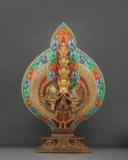 Thousand Armed Chenrezig Sculpture | 24K Gold Gilded Copper Artwork